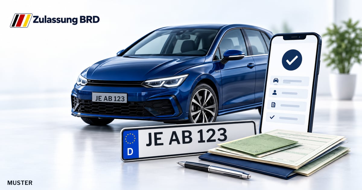 Online Fahrzeugzulassung in Wittenberg: Musterkennzeichen JE AB 123, Auto und Fahrzeugpapiere und Smartphone. Illustration mit Logo von Zulassung BRD.